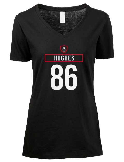 Away Jersey Jack Hughes Premium Ladies V-Neck T-Shirt | Swagsta