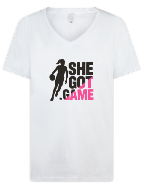 Got Game She Got Game Premium Ladies V-Neck T-Shirt | Swagsta