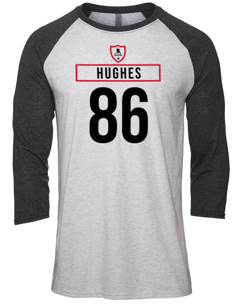 Home Jersey Jack Hughes Unisex Premium Three-Quarter Raglan T-Shirt | Swagsta