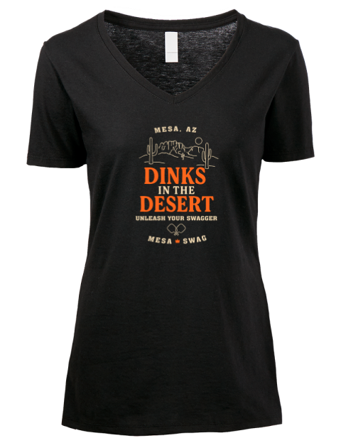 Dinks In The Desert Pickleball Premium Ladies V-Neck T-Shirt | Swagsta